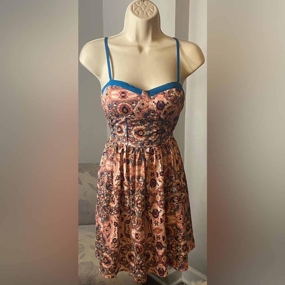Band of Gypsies Coral and Blue Batik Mosaic Print Bustier Mini Dress S